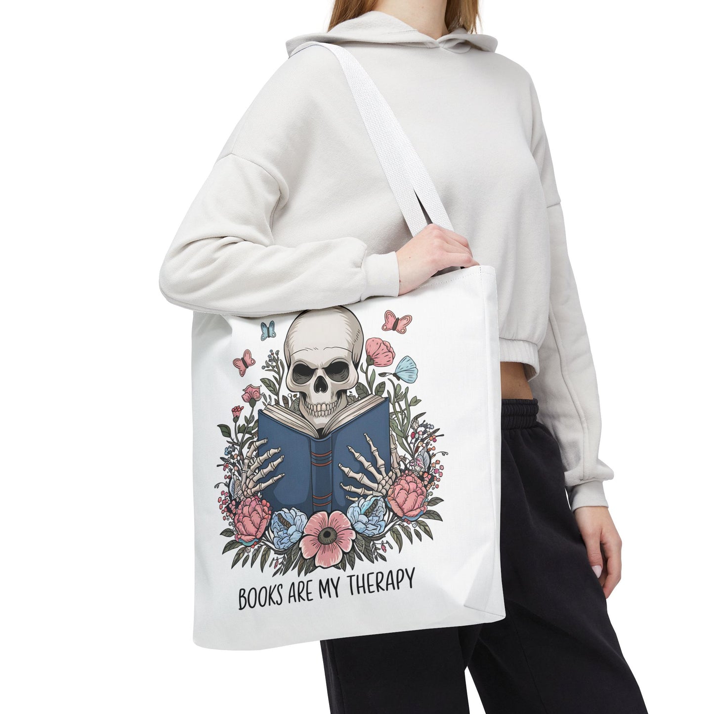 Books Are My Therapy- Skeleton Floral Tote Bag - Perfect Gift for Book Lovers