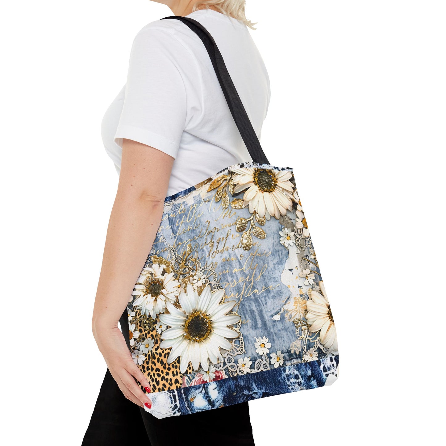 Chic Floral (Daisies and Sunflowers) Tote Bag with Leopard, Denim, and Lace Print - Stylish Everyday Accessory