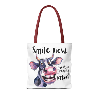 Funny Cow Tote Bag - 'Smile Now, Question Reality Later!' - Great Gift Idea, Mother's Day Gift