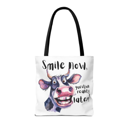 Funny Cow Tote Bag - 'Smile Now, Question Reality Later!' - Great Gift Idea, Mother's Day Gift