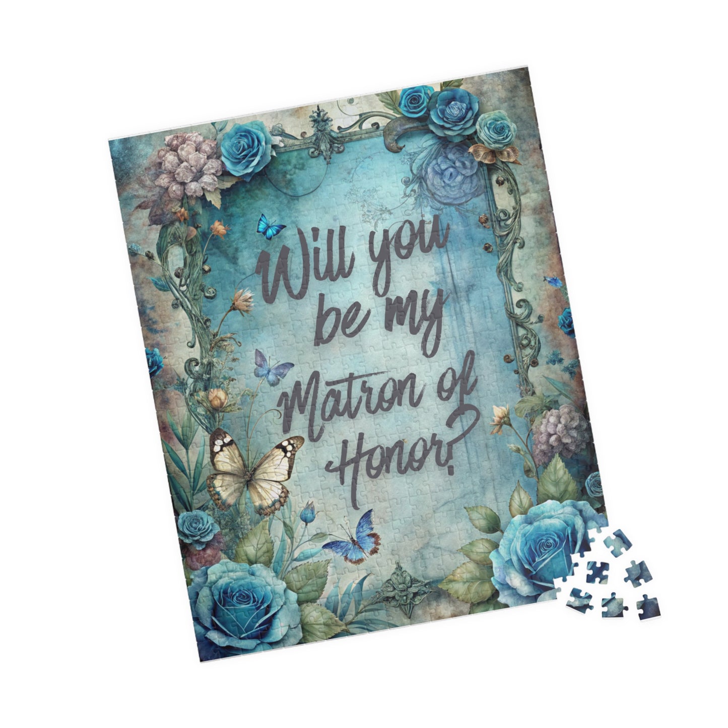 Matron of Honor Proposal Puzzle – Blue Floral Bridal Party Gift & Keepsake | Bridal Party Proposal Gift | Wedding Asking Puzzle