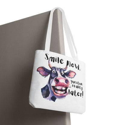 Funny Cow Tote Bag - 'Smile Now, Question Reality Later!' - Great Gift Idea, Mother's Day Gift