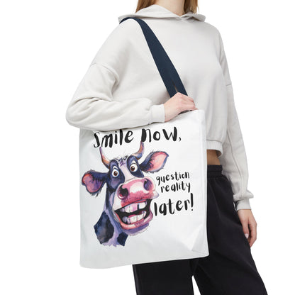 Funny Cow Tote Bag - 'Smile Now, Question Reality Later!' - Great Gift Idea, Mother's Day Gift