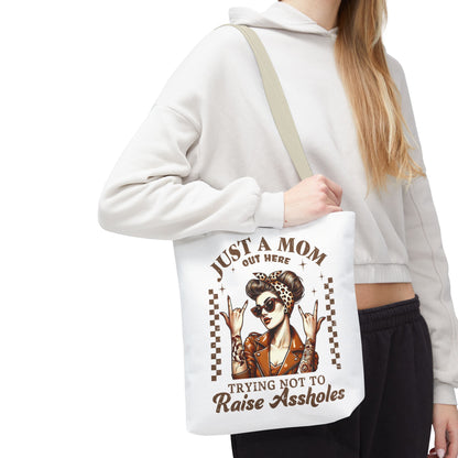 Funny Mom Tote Bag - Just a Mom Trying Not to Raise Assholes - Mother's Day Gift