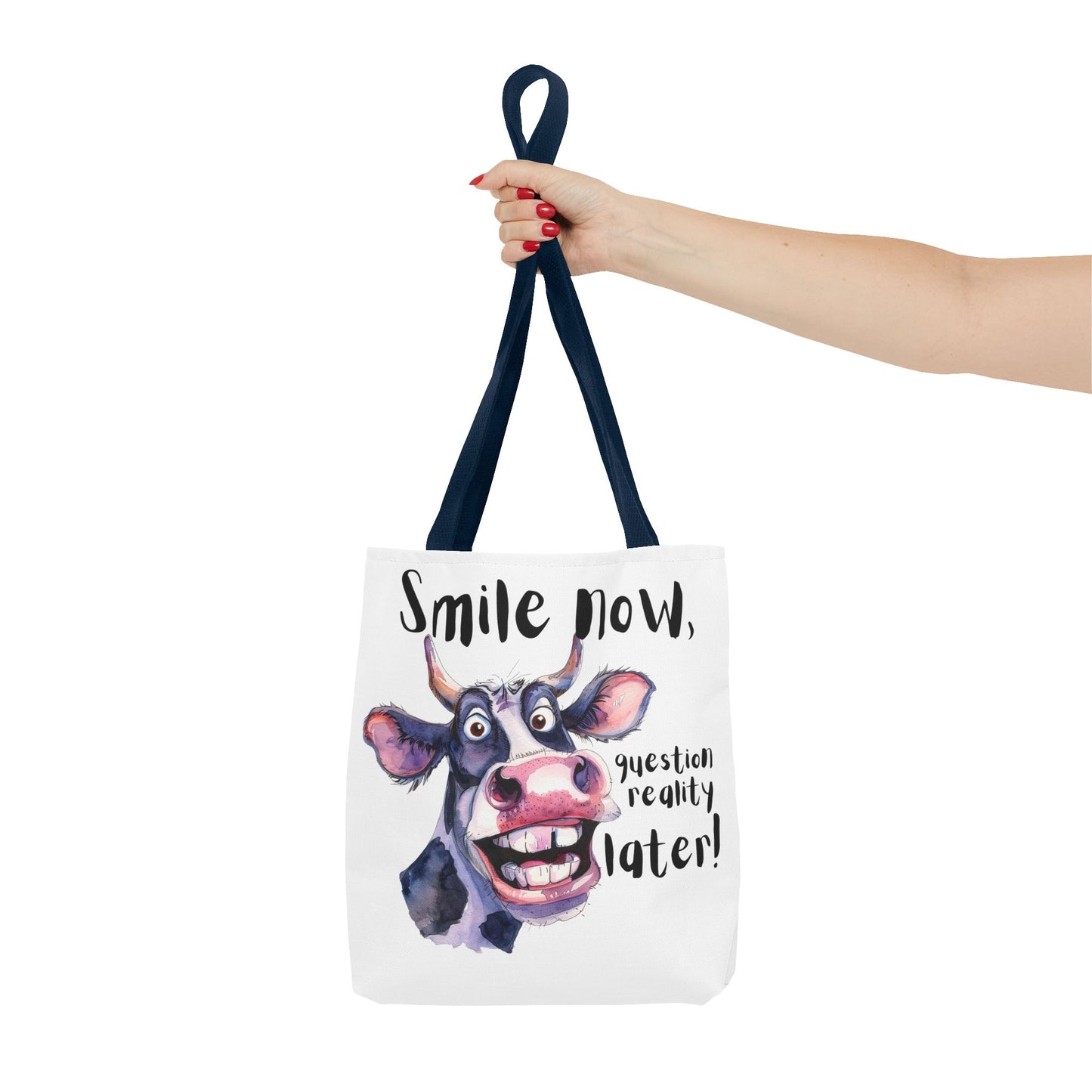 Funny Cow Tote Bag - 'Smile Now, Question Reality Later!' - Great Gift Idea, Mother's Day Gift
