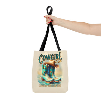 Cowgirl State of Mind Tote Bag – Turquoise and brown cowgirl boots - Cowgirl Era Perfect for Western Lovers and Everyday Use