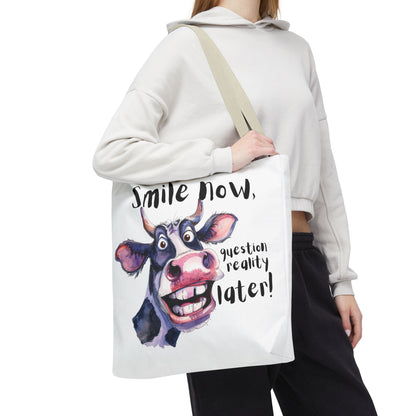 Funny Cow Tote Bag - 'Smile Now, Question Reality Later!' - Great Gift Idea, Mother's Day Gift