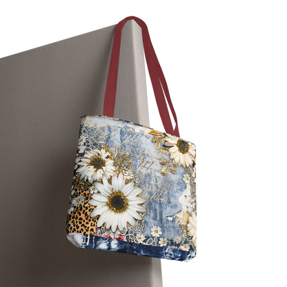 Chic Floral (Daisies and Sunflowers) Tote Bag with Leopard, Denim, and Lace Print - Stylish Everyday Accessory