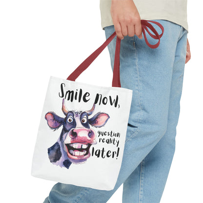 Funny Cow Tote Bag - 'Smile Now, Question Reality Later!' - Great Gift Idea, Mother's Day Gift