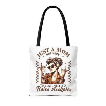 Funny Mom Tote Bag - Just a Mom Trying Not to Raise Assholes - Mother's Day Gift