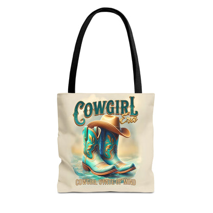 Cowgirl State of Mind Tote Bag – Turquoise and brown cowgirl boots - Cowgirl Era Perfect for Western Lovers and Everyday Use