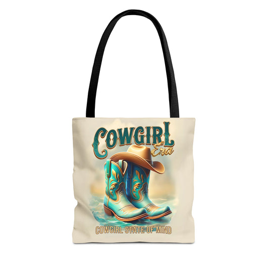 Cowgirl State of Mind Tote Bag – Turquoise and brown cowgirl boots - Cowgirl Era Perfect for Western Lovers and Everyday Use