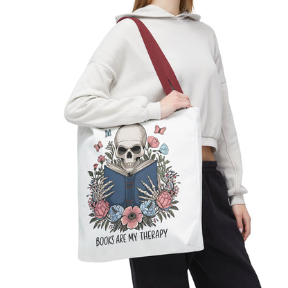 Books Are My Therapy- Skeleton Floral Tote Bag - Perfect Gift for Book Lovers