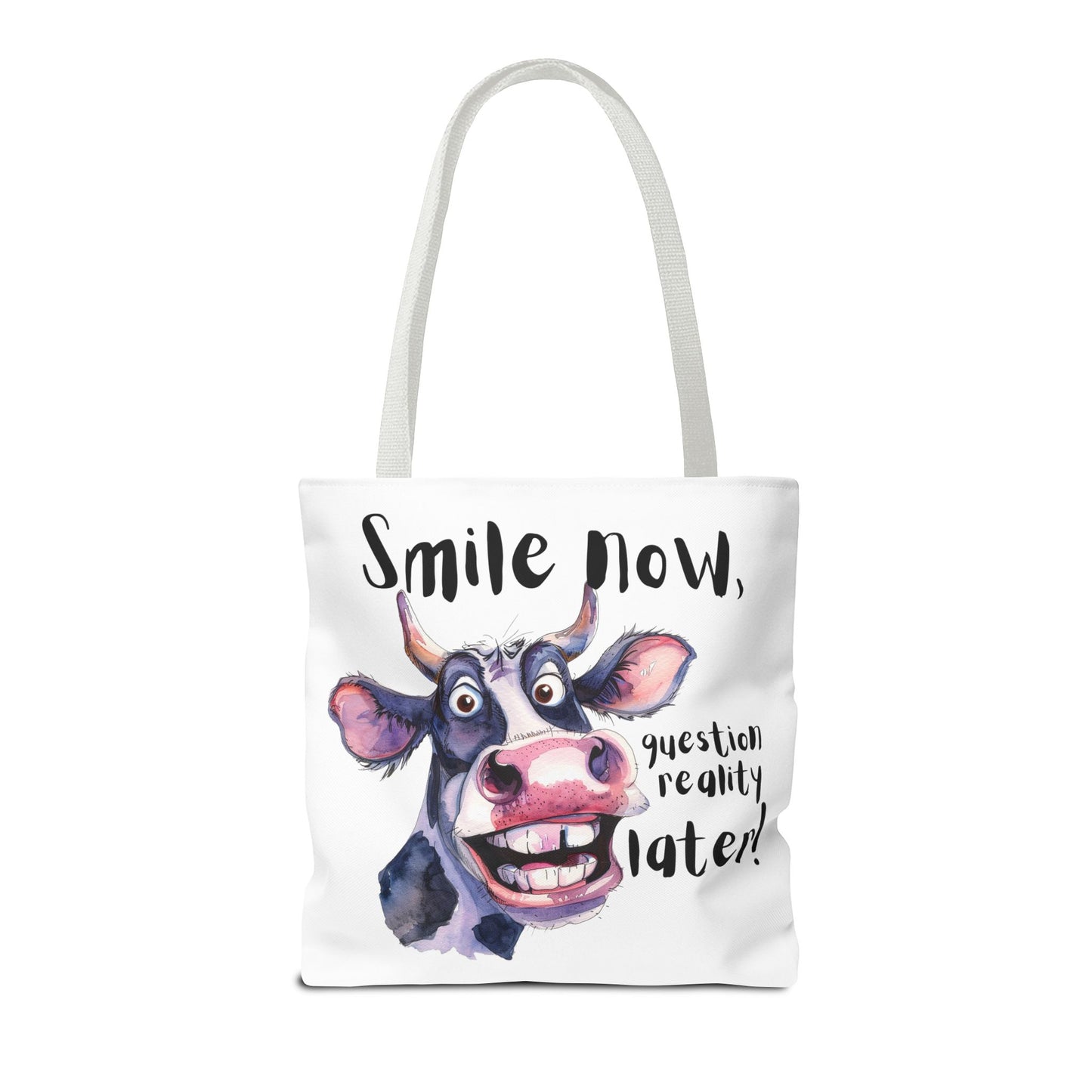Funny Cow Tote Bag - 'Smile Now, Question Reality Later!' - Great Gift Idea, Mother's Day Gift