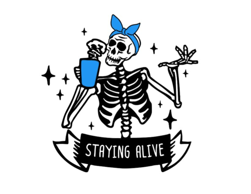 Staying Alive" Skeleton Vinyl Decal – Humorous Coffee drinking skeleton wearing a bandana - Fun Car and Laptop Decor Vinyl Decal