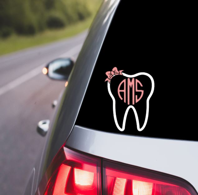TOOTH DECAL - TOOTH Monogram and Bow  Decal -  Script Monogram - Circle Cut Monogram - Dental Hygienist - Dental Assitant  | Vinyl Decal-