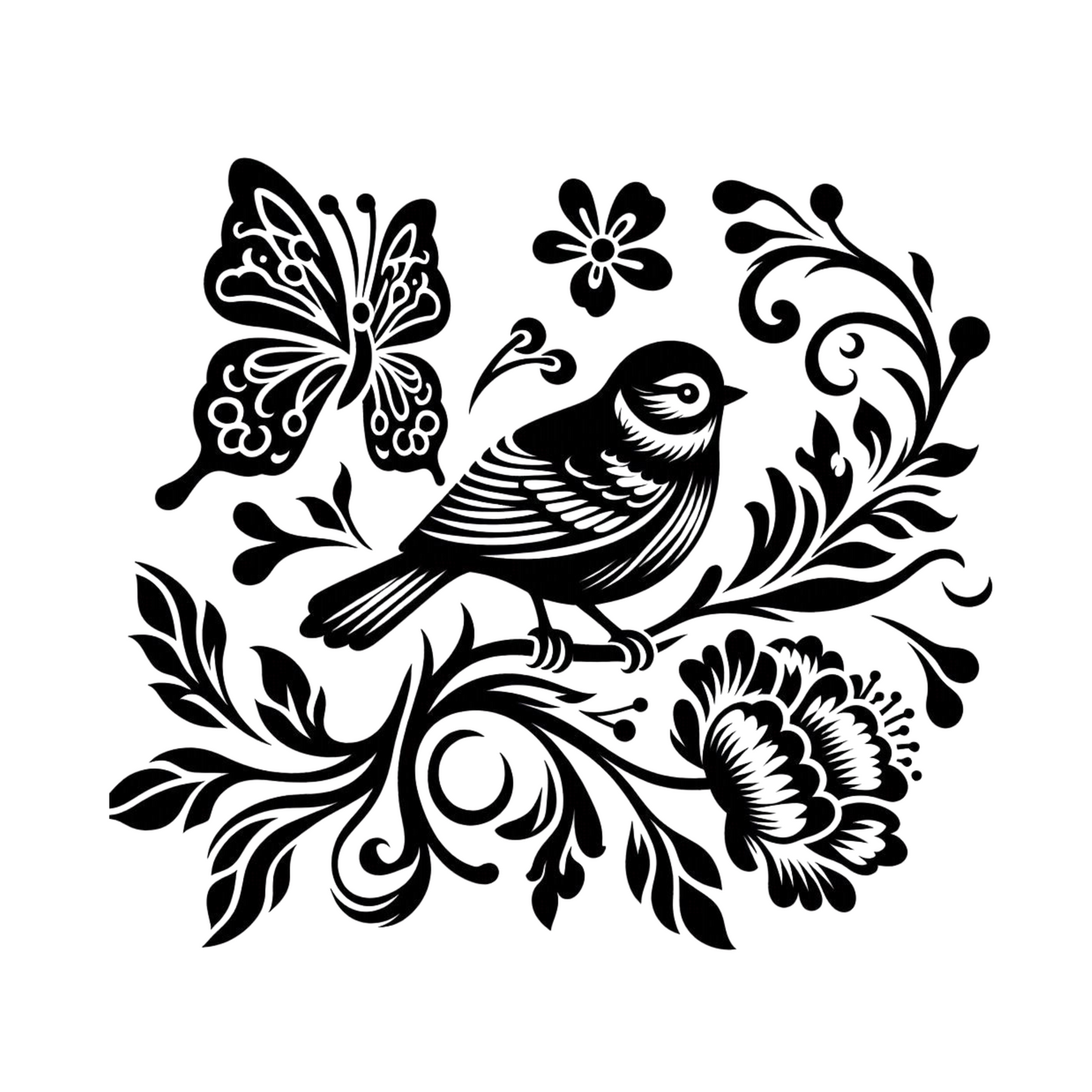 Chinoiserie Inspired Bird, Peony, Vines and Butterfly Vinyl Decal – CAR WINDOW, LAPTOP, Elegant Floral Bird Silhouette Design