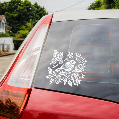Chinoiserie Inspired Bird, Peony, Vines and Butterfly Vinyl Decal – CAR WINDOW, LAPTOP, Elegant Floral Bird Silhouette Design