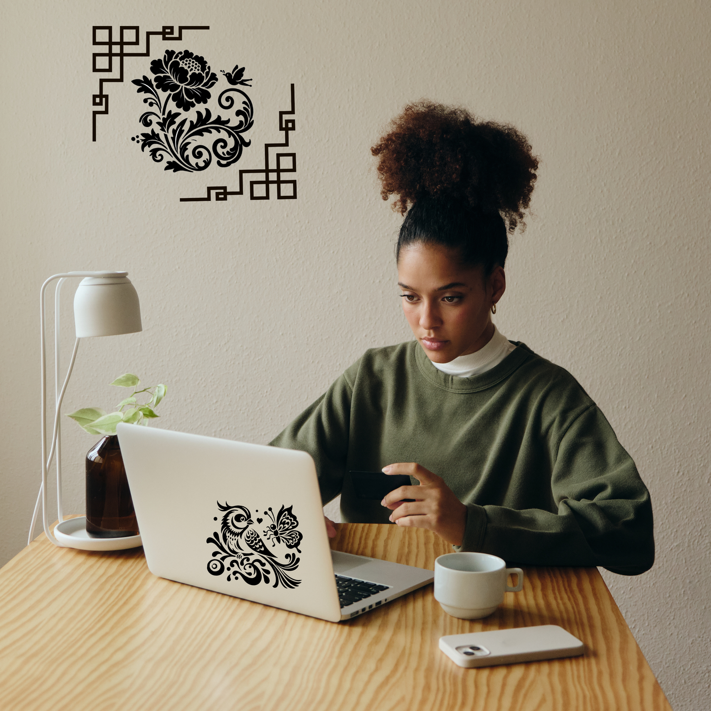 Chinoiserie Bird, Peony, Vines and Butterfly Vinyl Decal  Decal for CAR WINDOW, LAPTOP, Elegant Floral Bird Silhouette Design