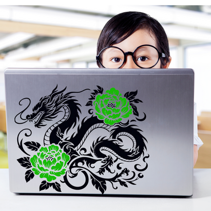 Chinoiserie Dragon intertwined with Vines & Peonies Vinyl Decal – CAR WINDOW, LAPTOP