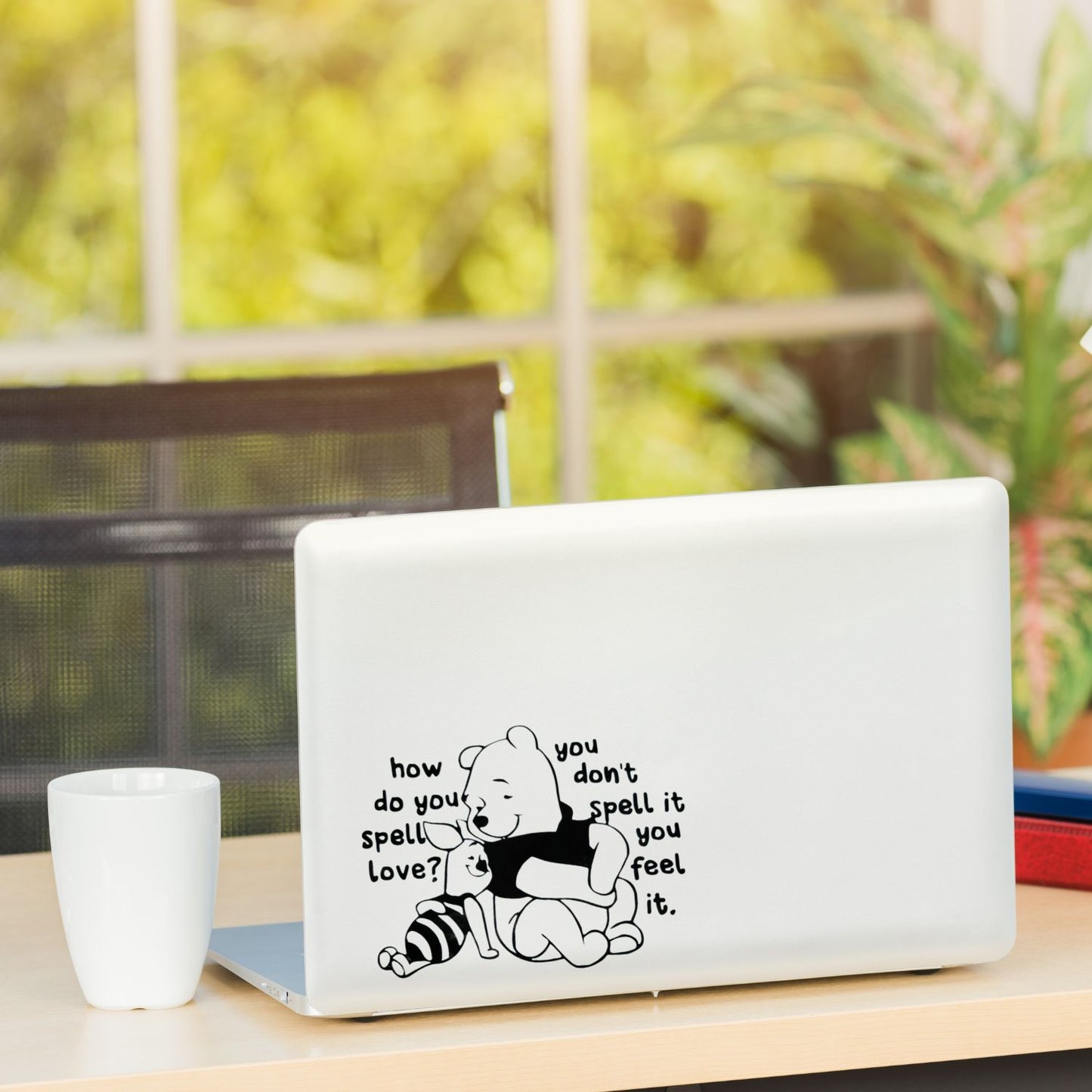 "how do you spell love? you don‘t spell it, you feel it." Winnie the Pooh and Piglet (Leaning on each other) Vinyl Decal – Heartfelt Friendship Quote Sticker – Cute Bear Character Decor friendship decal Love Decal