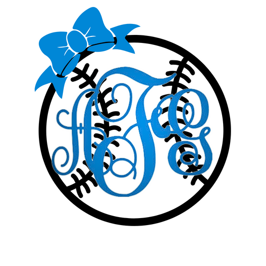 Softball or Baseball Fancy or Circle Cut Monogram Decal with optional Bow - Personalized Sports Vinyl Sticker for Cars, Helmets, and  water bottle