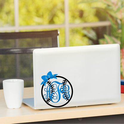 Softball or Baseball Fancy or Circle Cut Monogram Decal with optional Bow - Personalized Sports Vinyl Sticker for Cars, Helmets, and  water bottle