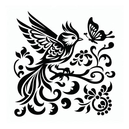 Chinoiserie Bird with wings out, Vines and Butterfly Vinyl Decal – Elegant Floral Bird Silhouette Design