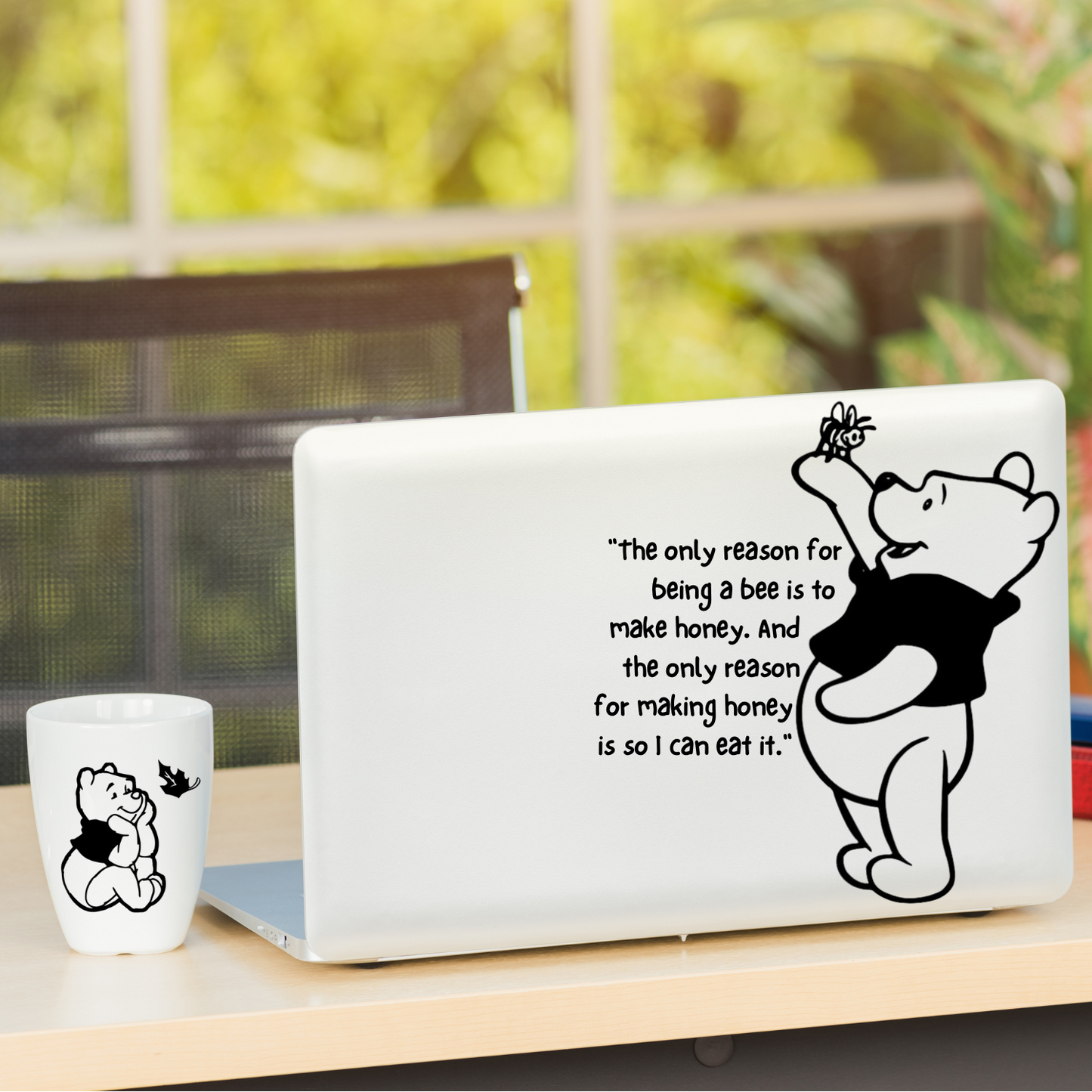 Pooh Holding a Bee Vinyl Decal – "The Only Reason for Being a Bee" Quote Sticker – Cute Pooh Bear Character Decor