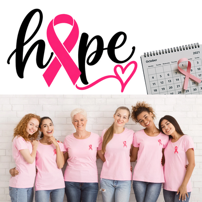 A breast cancer awareness themed graphic collage featuring the word 'hope' with a pink ribbon, a calendar showing October 2021 with a pink ribbon, and five smiling women wearing matching pink shirts against a white brick wall.