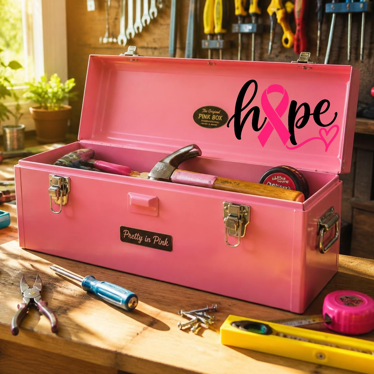 A pink metal toolbox sits open on a wooden workbench in a workshop. The toolbox has a pink ribbon graphic and the word 'hope' on the inside lid, a small 'Pretty in Pink' label on the front, and various tools stored inside.