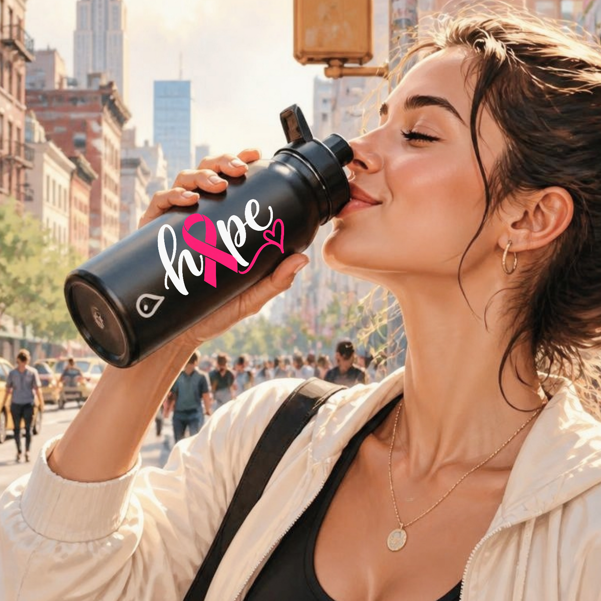 A woman in a white jacket drinking from a black water bottle with a pink and white 'Hope' ribbon design, set against a blurred city street background.