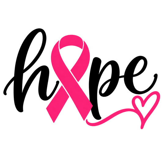 The word 'hope' is written in black cursive script, with a bright pink awareness ribbon replacing the letter 'o', and a small pink heart outline extending from the bottom right.