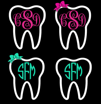 TOOTH DECAL - TOOTH Monogram and Bow  Decal -  Script Monogram - Circle Cut Monogram - Dental Hygienist - Dental Assitant  | Vinyl Decal-