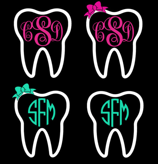 TOOTH DECAL - TOOTH Monogram and Bow  Decal -  Script Monogram - Circle Cut Monogram - Dental Hygienist - Dental Assitant  | Vinyl Decal-