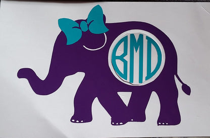 Elephant Circle Cut Monogram with Optional Bow Vinyl Decal - Custom/Personalized Elephant Decal