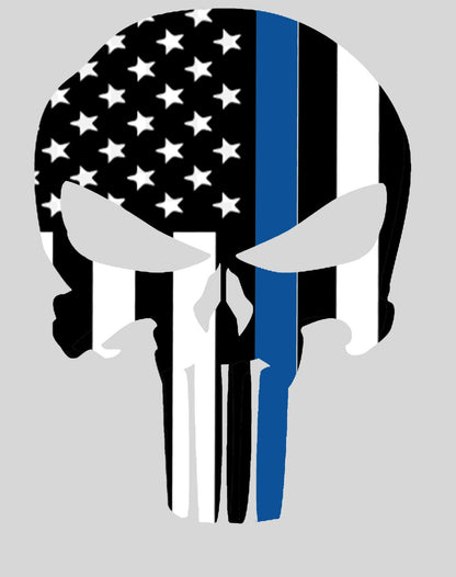 Custom Punisher Skull Design Vinyl Decal – American Flag and Thin "Blue" Line – Personalized Color Options Available