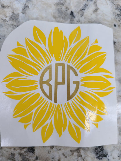 SUNFLOWER Monogram DECAL Circle Cut Monogram Sunflower Decal  Vine Fancy Monogram Sunflower Decal Car decal Window Decal RTIC/Yeti Cup Decal