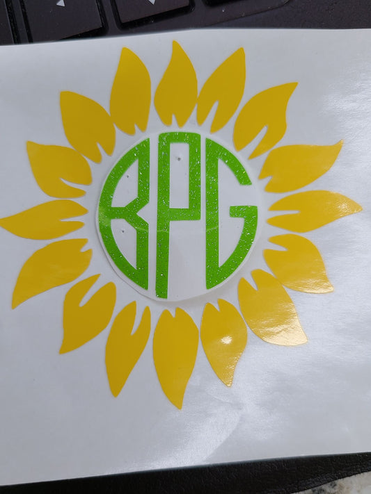 SUNFLOWER Monogram DECAL Circle Cut Monogram Sunflower Decal  Vine Fancy Monogram Sunflower Decal Car decal Window Decal RTIC/Yeti Cup Decal