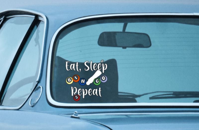 Vinyl Decal |Shop our Bingo Decal "EAT Sleep BINGO Repeat" featuring colorful Bingo balls. Perfect for car windows, mugs, computers, etc. A must-have for Bingo lovers!