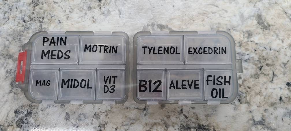 Pocket Pharmacy Travel/Portable pill case 10 compartments with custom labels, button holder, custom travel jewelry case with labels,