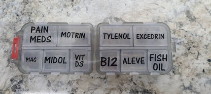 Pocket Pharmacy Travel/Portable pill case 10 compartments with custom labels, button holder, custom travel jewelry case with labels,