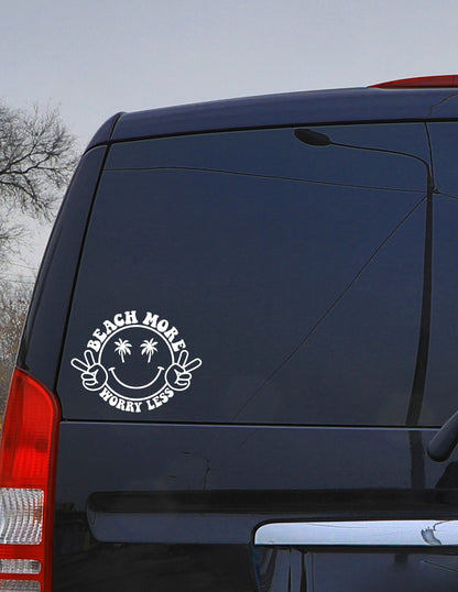 BEACH More, Worry Less – Smiley Face Vinyl Decal for Good Vibes 🌊☀️