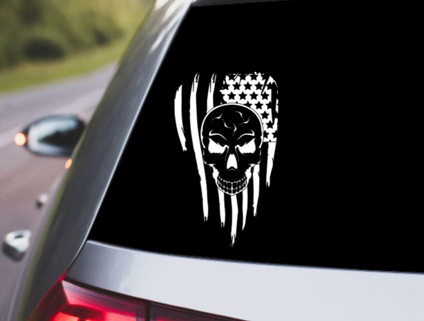 VINYL Car Decal | Skull American Flag Car Decal |American Flag Car Decal | Skull and Destressed American Flag Vinyl Decal | USA Flag & Skull