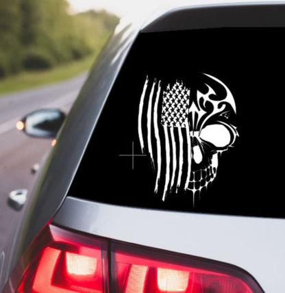 VINYL Car Decal | Skull American Flag Car Decal | Tattered Flag Decal | Skull and Destressed American Flag Vinyl Decal | USA Flag & Skull
