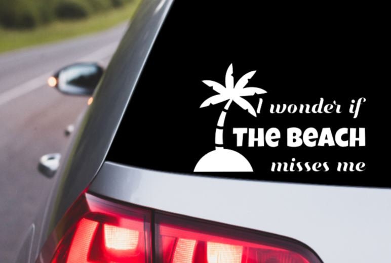 VINYL Decal | Beach Decal | Summer Vinyl Sticker | I Wonder if The Beach Misses Me Palm Tree Decal | Car Decal | Window Decal