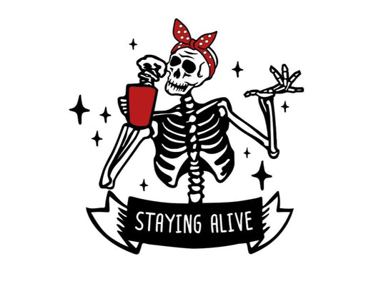 Staying Alive" Skeleton Vinyl Decal – Humorous Coffee drinking skeleton wearing a bandana - Fun Car and Laptop Decor Vinyl Decal