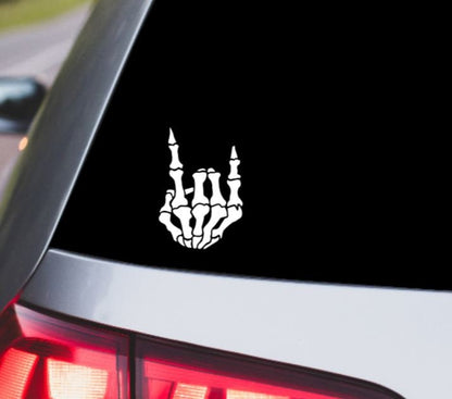 Skeleton Hand Rock On Vinyl Decal – Halloween Skeleton Gesture Sticker – Spooky Car and Computer Decor