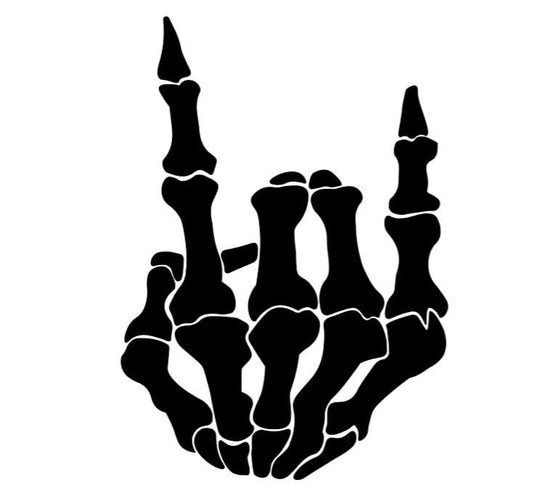 Skeleton Hand Rock On Vinyl Decal – Halloween Skeleton Gesture Sticker – Spooky Car and Computer Decor