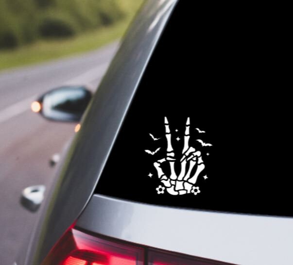 SKELETON HAND Peace Gesture DECAL Skeleton Hand with Bats Gesture Vinyl Car Decal Halloween Decal Computer Vinyl Decal